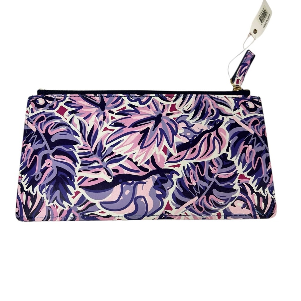 Simply Southern Pink and Purple Leather Zip Clutch Wallet Palm Leaf Design - Picture 2 of 4